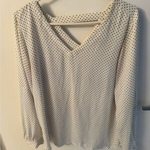 LOFT Cream and Black Polka Dot V-Neck Long Sleeve Top